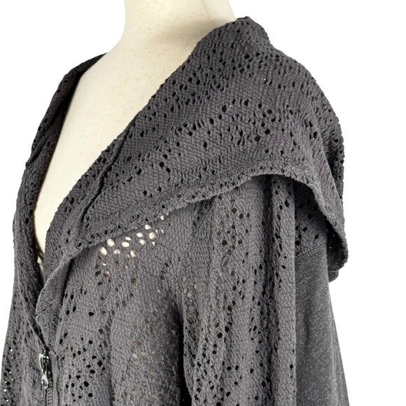 Free People Dark Gray Doiley-Knit Lace Oversized Hood Sweater Jacket Sz Small - Picture 10 of 13